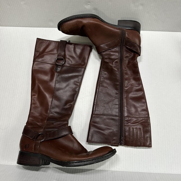 Born Shoes - Born Riding Boots Womens 7.5 Brown Leather Knee High Zip Strap Block Heel W62417